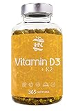 Vitamina D3 (5000 UI) + Vitamina K2-MK7 - 365 Cápsulas con Aceite de Oliva Extra Virgen - Favorece la función Inmunológica y ósea - Complemento Alimenticio de 365 Cápsulas