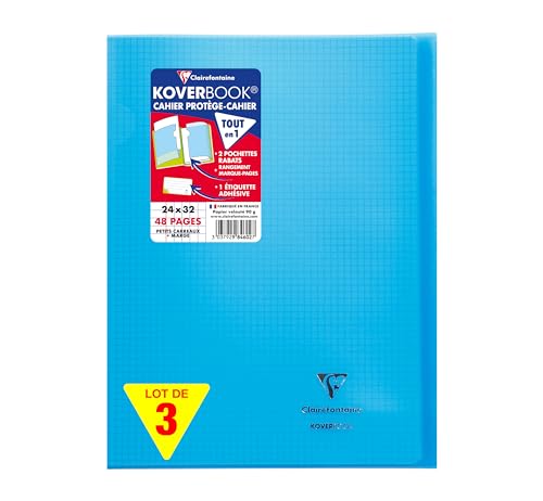 Clairefontaine 984602AMZC Un lot de 3 Cahiers Agrafés Koverbook 24x32 cm - 48 Pages Petits Carreaux avec Marge 90 g - Couverture Polypro - 3 couleurs assorties (Bleu, Rouge et Vert)