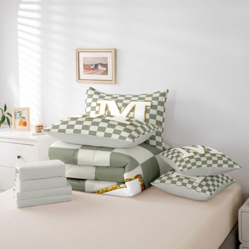 Image of Erosebridal Sage Green Checkered King Bedding Set 7 Piece Plaid Initial M Bed in A Bag with Sheets Personalized Monogram Comforter Set for Kids Adults,Fashion Grids Gingham Bed Sets