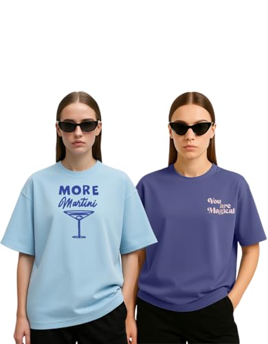 Image of Women's Oversized Cotton Blend Graphic T-Shirt Combo (Pack of 2) | Baggy Fit, Drop Shoulder, Half Sleeves | Sizes S to 2XL