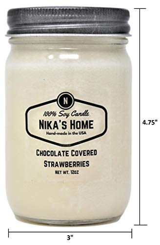 Nika's Home Chocolate Covered Strawberries, Soy Candle 12Oz Mason Jar Non-Toxic White Soy Candle-Hand Poured Handmade, Long Burning 50-60 Hours Highly Scented All Natural, Valentines Day Gifts #TOP6