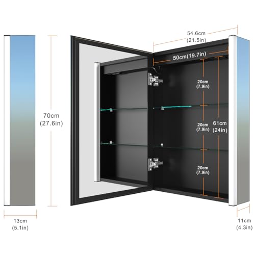 KWW LED Lighted Bathroom Medicine Cabinet with Mirror, Defogger, Dimmer, 3 Color Light Makeup Mirror, Easy to Install, Wall Mounted Medicine Cabinet without Socket & USBs (55 x 70 cm)