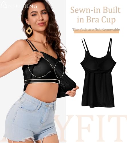 Image of Camisoles for Women with Built in Bra Adjustable Strap Tank Tops Cami Sleeveless Summer Tops for Workout Sleeping Traveling