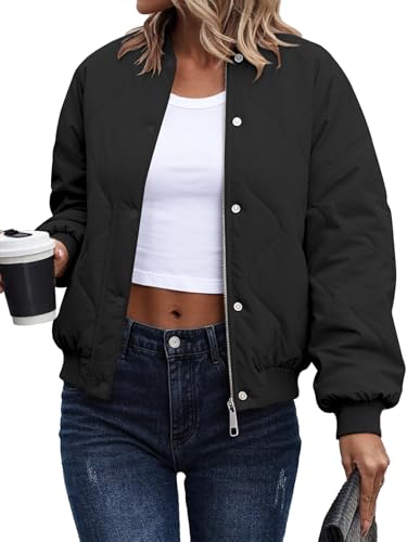 Muchpow Women's Lightweight Puffer Jacket Long Sleeve Button Full Zipper Short Winter Quilted Down Coats(Black,Medium)