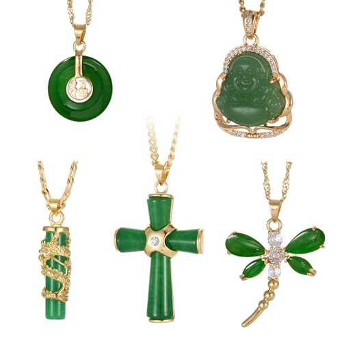 ALYXUY 5Pcs Green Jade Buddha Pendant Necklace Set 18K Gold