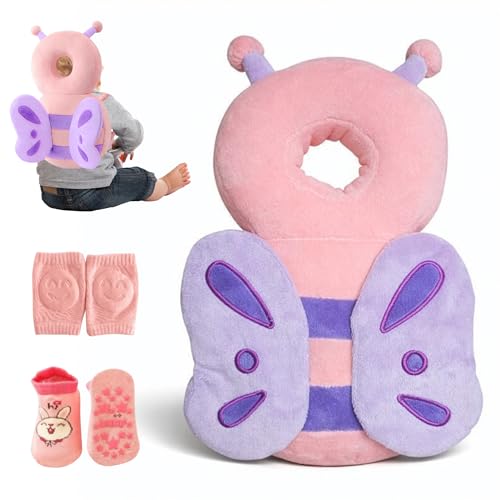Image of HippoBaby Baby Head Protector Backpack, Soft & Breathable Cushion for Toddlers, Adjustable Straps, Cartoon Safety Pillow for Crawling & Walking, Infant Protection for Head & Back (Butterfly)