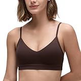 CRZ YOGA Butterluxe V-Neck Sports Bras for Women - Adjustable Thin Straps Padded Yoga Top Basic Wireless Camisole Hot Fudge Brown Small