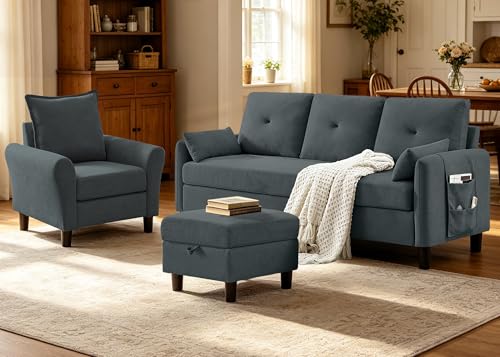 Portaforta 2 PCS Sectional Sofa Set, Convertible Sofa and Accent Chair, Small 3 Seat L Shaped Couch with Storage Ottoman and Side Pockets, Modern Couch for Living Room, Office, Apartment, Dark Grey