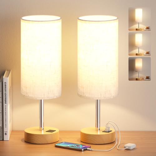 Aooshine Bedside Lamps Set of 2 3-Way Dimmable Touch Table Lamps for Bedroom and Living Room with Linen Fabric Shade(Bulb Included)