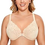 DELIMIRA Women's Front Closure Plus Size Full Coverage Lace Underwire Racerback Bra Beige 48DD