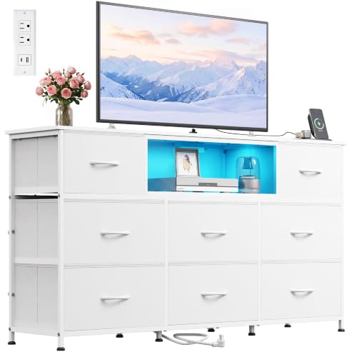 Image of WLIVE LED Dresser TV Stand for 65 Inch TV, 8 Drawers, White | Fits TVs up to 65 inch, 8 fabric drawers, LED chest of drawers, Built-in power outlet, Living room or bedroom