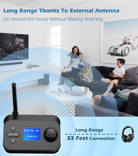 Bluetooth Transmitter for TV Dual Headphones, Bluetooth Adapter for TV LCD Display Adjustable Volume, Wireless Receiver for Home Stereo, 3.5mm/Optical/TF Card to Bluetooth Music Audio Transmitter