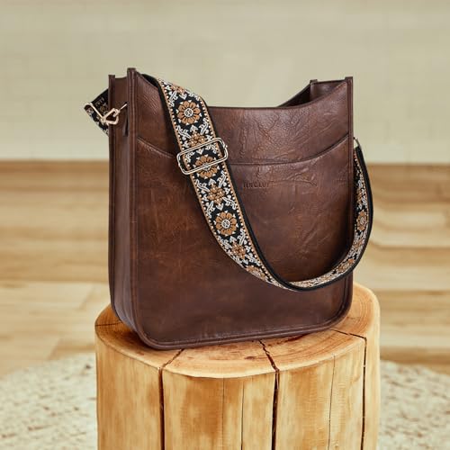 Image of HKCLUF Crossbody Bag for Women Vegan Leather Hobo Handbags Guitar Strap Purse Shoulder Bucket Bag with 2PCS Adjustable Straps