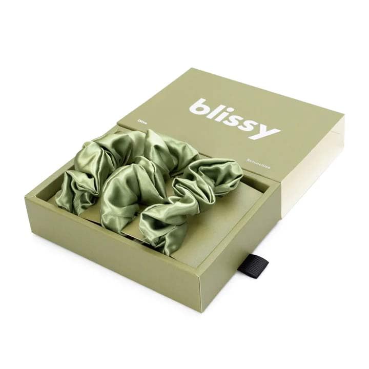 Image of Blissy Silk Scrunchies (3 Pack) - 100% Pure Mulberry Silk - 22 Momme 6A High-Grade Fibers Scrunchie for Straight & Curly Hair (Olive, Regular)