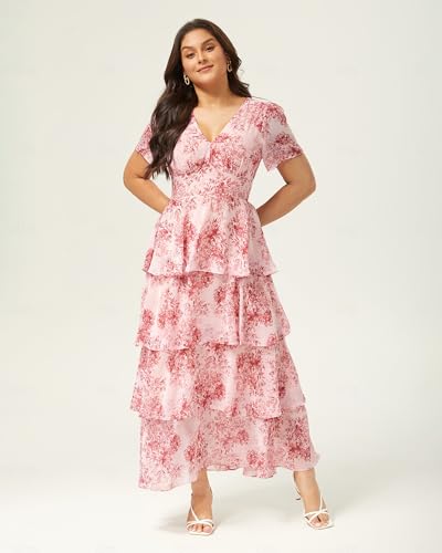 ADOR Women's Floral Summer Empire Waist V Neck Casual Long Flowy Chiffon Maxi Dress Ruffle Tiered Short Sleeve A-line Dreses4