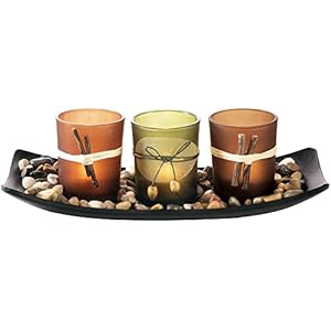 Dawhud Direct Votive Candle Holder, Vintage Decor Flameless Natural Candlescape Set, 3 LED Tea Light Candles, Rocks and Tray (Natural Earth Tones) Bath Decor Decorative Candles Zen Room Decor Gift