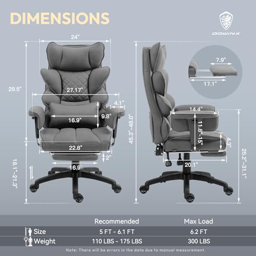 Image of Dowinx Big and Tall Office Chair with Pocket Spring Cushion and Lumbar Support,High Back Computer Gaming Chair with Adiustable Ammrests,Executive Desk Chair with Footrest(Fabric-Grey)