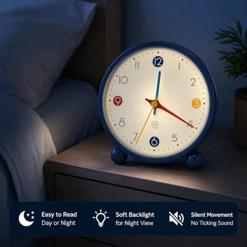 Image of HOME SKILL Analog Alarm Clock for Heavy Sleepers Loud Clock for Adults Classic Twin Bell - Super Loud, Non-Ticking Silent Quartz Movement, Backlight, Decor Bedroom /Office (Round Blue)
