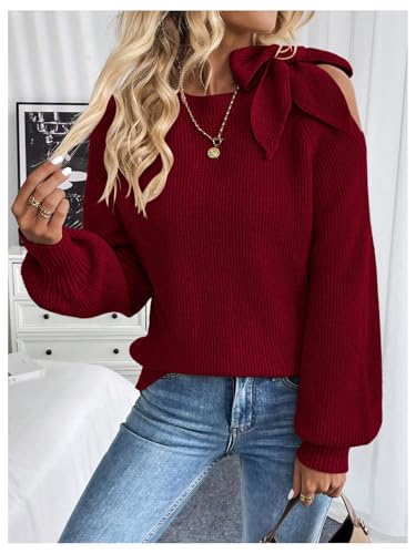 Image of GORGLITTER Women's Bow Sweater Long Sleeve Cut Out Tie Shoulder Vintage Chunky Cozy Knit Pullover Tops Fall Trendy 2025