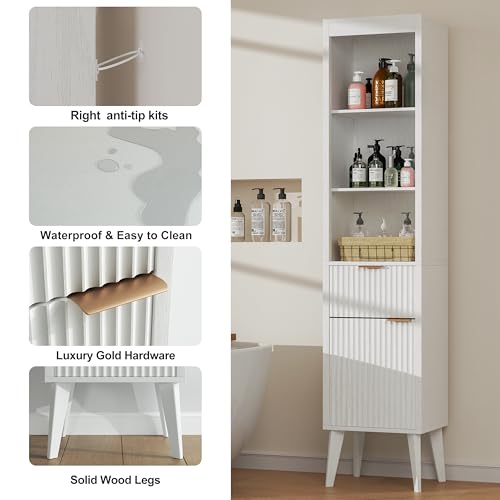 Image of 70-Inch Height Storage Cabinet with Fluted Doors, White Freestanding Modern Accent Floor Organizer for Kitchen, Pantry and Bathroom, w /Drawer & Adjustable Shelves