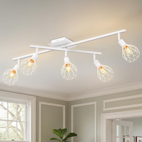 LVWIT Faretti Soffitto Bianco, Faretti Orientabili con 5 Attacco E14, Faretto da Interno Moderna, Lampadario Faretti per Barra, Salotto, Cameretta, Cucina,Corridoio Illuminazione (Senza Lampadina)