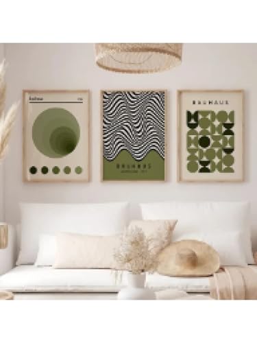 Affiches abstraites Bauhaus vert sauge lot de 3 toiles 30x40 cm