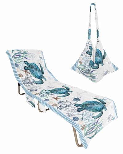 Coastal Sea Turtle Beach Lounge Chair Towel Cover, Soft Chaise Lounge Towel with Side Pockets Patio Pool Chairs Cover for Beach/Pool Sunbathing 29x85 Summer Beach Coral Nautical Ocean