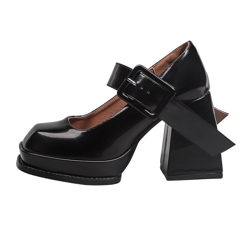 Women Black Mary Jane Heels Platform Chunky Heels Square Toe Block Heel Mary Janes Shoes Women Buckle High Heels