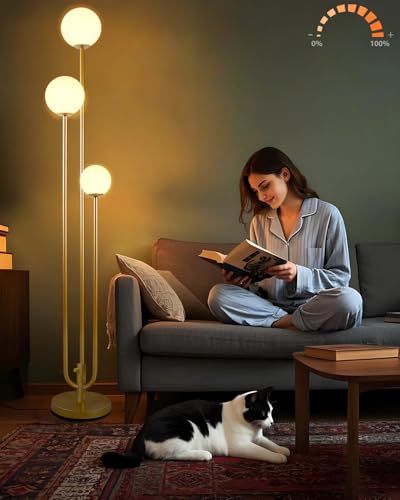 Image of 63IN 3-Light Dimmable Floor Lamp, Unique Gold Tall Standing Lamps with 3000K G9 Bulbs for Reading, Mid Century Modern Floor Lamp with 5Lbs Heavy Base for Living Room Bedroom Home Office