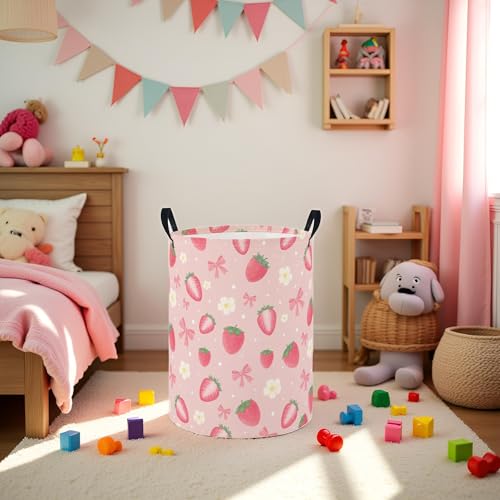 Image of Baby Laundry Hamper Basket Baby Hamper for Nursery Boy and Girl Cute Storage Bin Organizer Boho Room Decor(Strawberry)