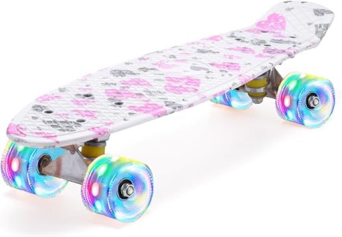ERNAN Skateboard mit LED Rollen, Skate Tool und ABEC 7 Lager - Kinder Erwachsene Anfänger (Loving)