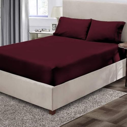 Image of BEVI - Home Premium Solid Plain Double Bedsheet Without Pillow Cover 300 TC Microfiber for Double Bed | Size (90 inch x 95 inch) Wine