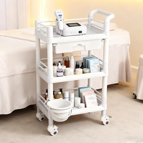 Inracity Mobile Medical Trolley 3 Tier Rolling Utility Cart with Dirt Bucket & Drawer, Beauty Salon Cart for Spa Tattoo Waxing, Esthetician Carts for Salon Hospital Dental Clinic Home, Postpartum Cart