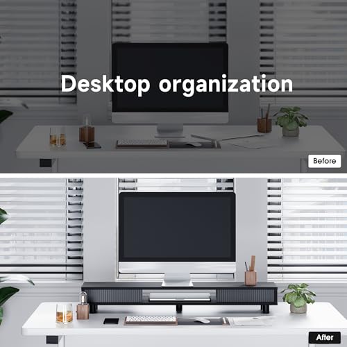 Image of Fenge Dual Monitor Stand, 42.5inch Long Monitor Stands Riser for 2 Monitors, Glass Sliding Door with Storage Organizer Stand for Desk, 2 Tier Desk Shelf for Laptop, Pc, Printer, Computer, TV