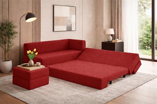 Image of Leg Sofa Cum Bed with Ottoman | Jute Fabric | Multipurpose Folding 3 Seater Sofa Bed 5x6 Ft for Living Room | Space Saving Furniture | Modern Design - Red