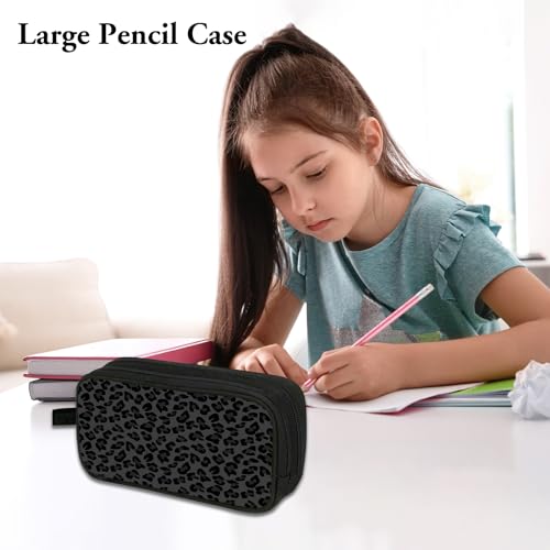 Image of WOBAGMEN Double Layer Pencil Case with Handle Large Pencil Bag Cute Print Pencil Pouch for Boys Girls (Black Leopard)