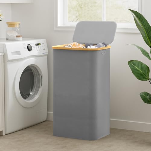 Chrislley 70 L Slim Laundry Basket with Lid, Foldable Laundry Hamper with 2 Removable Inner Bags & Bamboo Handles - Image 4