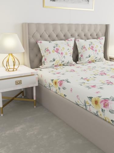 Image of Raymond Home 100 GSM Insignia Ultra Soft Floral Double Bedsheet (2.25 Mx2.50 M) with 2 Pillow Covers(46 CM x 69 CM) - Off White & Yellow