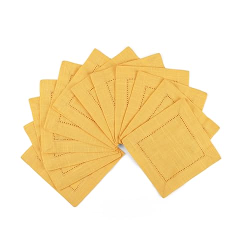 Image of Fingercraft Cotton Cocktail Napkins 6x6 Inches - Set of 12 Reusable Cloth Beverage Coasters with Elegant Ladder Hemstitch - Perfect for Parties, Bars & Home Use (Yellow Slub)