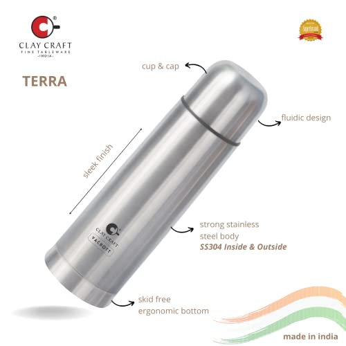 Image of Clay Craft Vacbott Vaccum Bottle, Terra 1000 ml Double Walled 24 Hours Hot and Cold Water Bottle with Bag, 1 L, Silver