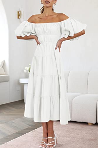 Lillusory Off The Shoulder Dresses For Womens 2023 Summer Beach Vacation Casual Cottagecore Smocked Midi Maxi Trendy Swing Flowy Corset Dress White #TOP5