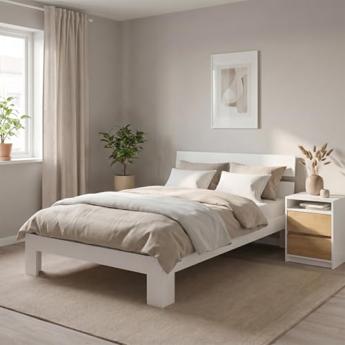 Bellamio Kavir Holzbett 120x200 cm – Massivholzbett mit Lattenrost – Bett aus Kiefer Massivholz in weiß lackiert – Bettgestell mit Bettkopf – Stabiler Bettrahmen bis 120 kg – geeignet als Einzelbett