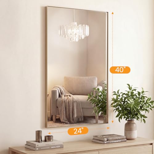 Image of Sweetcrispy Gold Bathroom Mirrors for Over Sink, 24 inch x 40 inch Rectangle | Wall Mount Mirror with Metal Frame, Modern Vanity Mirror with Tempered Glass, for Home Decor, Anti-Rust