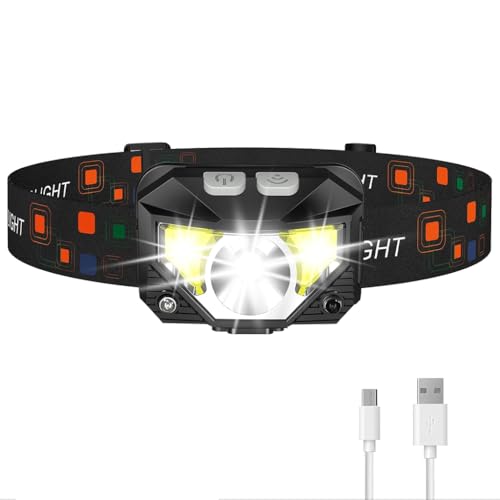 Image of PROBEROS LED Head Light with Red Flash Warning Light and Multi Work Modes, IPX5 Waterproof Rechargeable Headlamp for Camping, Hiking, Night Work with Motion Sensor and Adjustable Strap