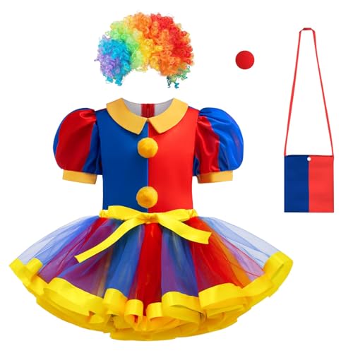 Clown Costume Dress for Girls with Wig Nose and Bag, Circus Cosplay Set Colorful Tutu Skirt with Clown Wig Hallowen Birthday Party for 4-5 Years Girls (Size:120)