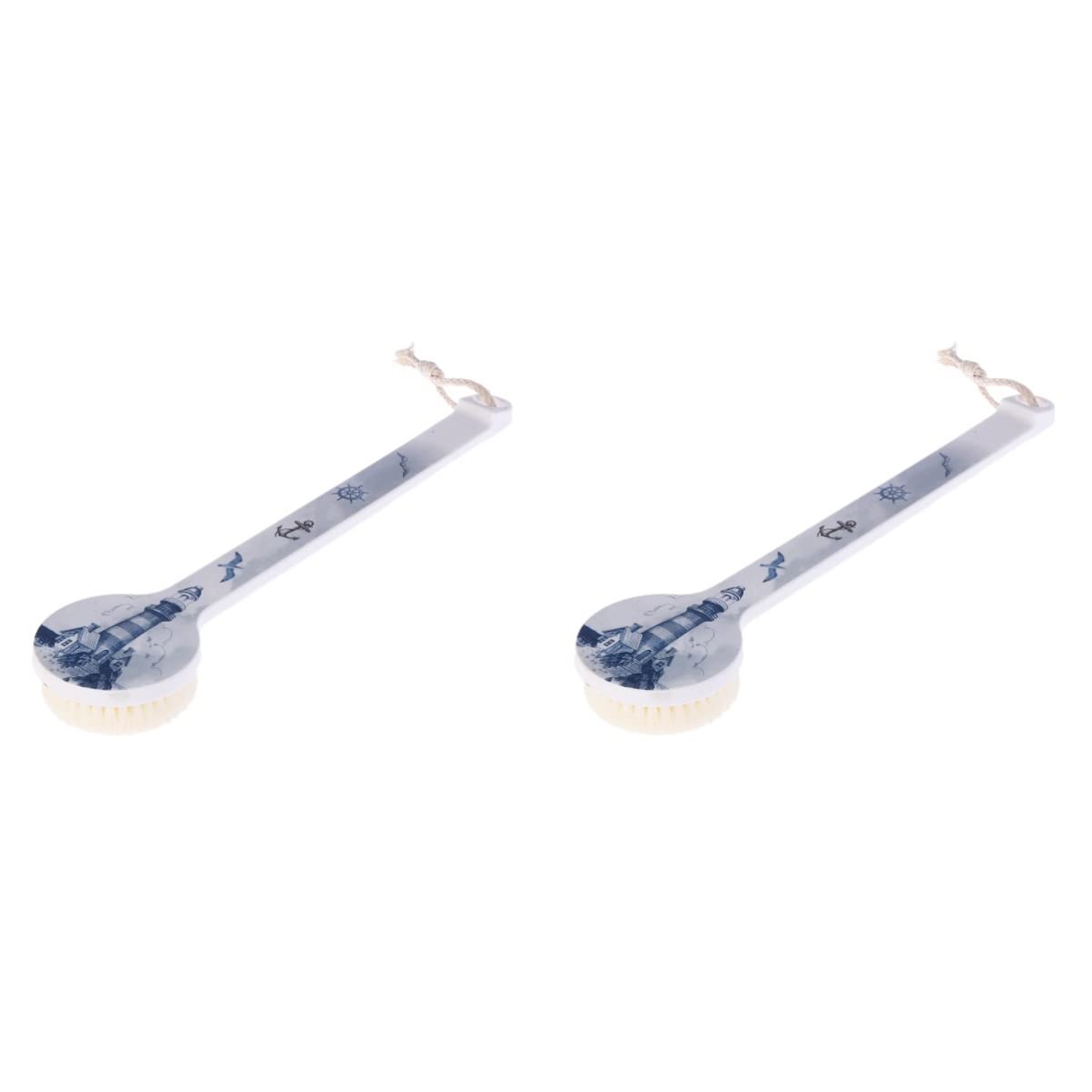 Healeved 2pezzi Spazzola Da Bagno Con Manico Lungo Spazzola Esfoliante Per Massaggio e Schiena Morbida e Stampa Tema Faro Per Esperienza Relax