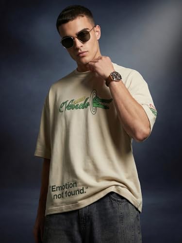 Image of Veirdo Men's Oversized T-Shirt | 240 GSM | Pure Cotton | Drop Shoulder | Round Neck | Half Sleeve Graphic Puff Print | Summer Casual Streetwear Loose Fit Tee