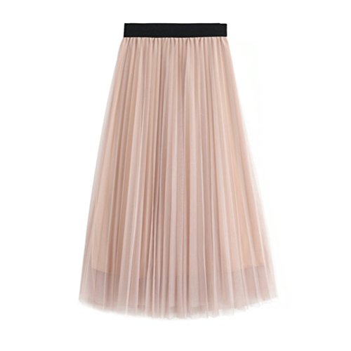 L&Z Women's Long Tulle Skirt Elastic Waist High Waist A-Line Pleated Midi Calf Skirts