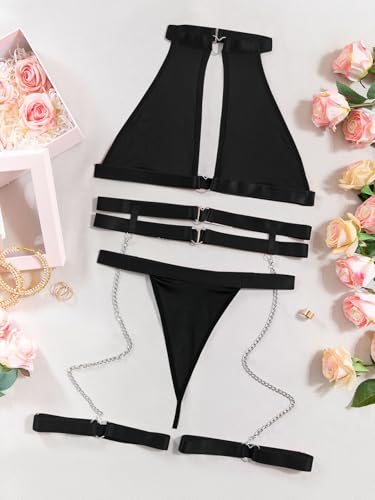 Image of Foxiny Sexy Halter Heart Ring Cutout Chain Floral Lace Sheer Garter Belt Lingerie Set 3 Piece