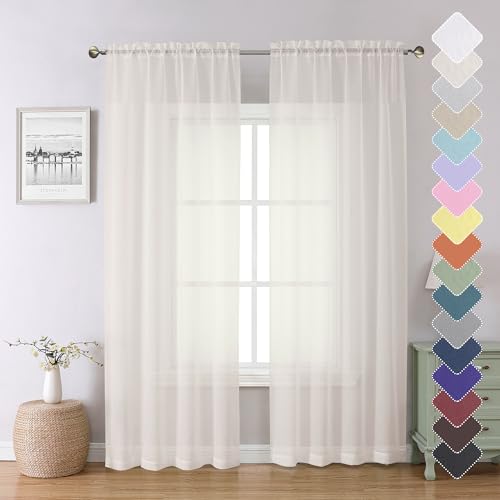 Lecloud Ivory Sheer Curtains 84 Inches Long 2 Panels, Solid Voile Light Filtering Airy Curtain...